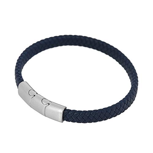 Geoffrey Beene Men's Braided Genuine Leather Bracelet with Stainless Steel Closure - color: Blue, Silver