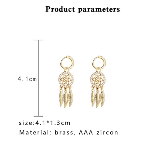 Dream Catcher Dangle Earrings for Women, Boho Feather Tassels Drop Earrings Geometric AAA Zircon Ear Jewelry