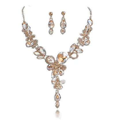 Rhinestone Crystal Bridal Necklace Floarl Art Deco Teardrop Collar Necklace Dangle Earrings Jewelry Set for Women - color: Champagne