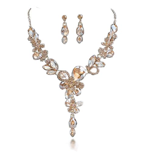 Rhinestone Crystal Bridal Necklace Floarl Art Deco Teardrop Collar Necklace Dangle Earrings Jewelry Set for Women - color: Champagne