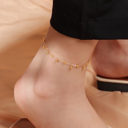 Dainty Gold Anklets for Women Stainless Steel Simple Ankle Bracelets Summer Beach Foot Chain Jewelry Gift - color: Bead Charm