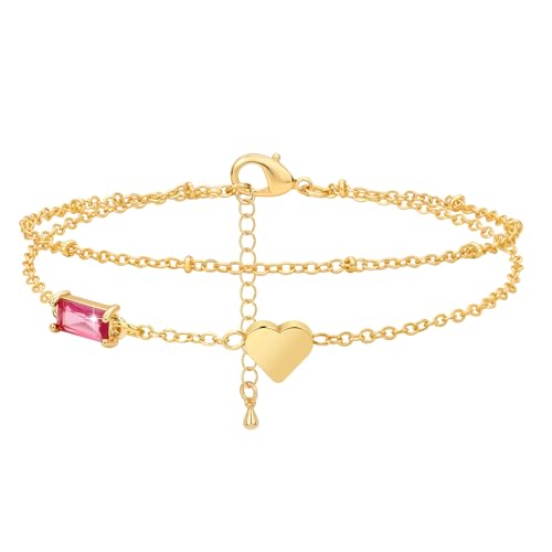 Birthstone Anklet with Heart Charm Layer Ankle Bracelet for Women, 14K Gold Plated Adjustable Chain Stackable Trendy Jewelry Gift for Her, Mom, Friend, Wife - style: 7-July