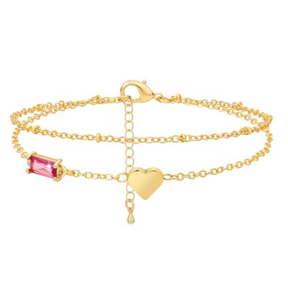 Birthstone Anklet with Heart Charm Layer Ankle Bracelet for Women, 14K Gold Plated Adjustable Chain Stackable Trendy Jewelry Gift for Her, Mom, Friend, Wife - style: 7-July