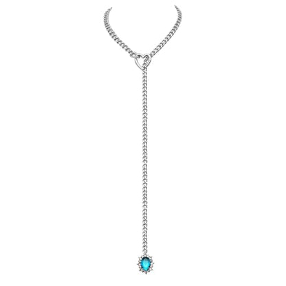 Women's Heart O-Ring Slip Chain Necklace, Double Layered Adjustable 39'' Cuban Chain with Detachable Heart Clasp and Colorful Rhinestone Pendant - color: 25'' Silver-Ocean Blue
