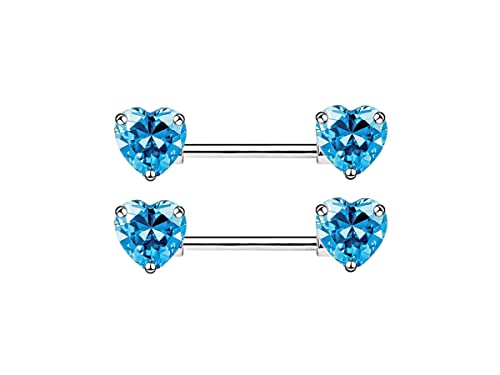 HQLA 14G Dainty CZ Love Heart Nipple Rings Tongue Ring Surgical Steel Nipple rings Piercing Women Barbells 2Pcs 25/8"(16mm) - style: Silver - Style A - Light Blue Heart CZ