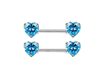 HQLA 14G Dainty CZ Love Heart Nipple Rings Tongue Ring Surgical Steel Nipple rings Piercing Women Barbells 2Pcs 25/8"(16mm) - style: Silver - Style A - Light Blue Heart CZ