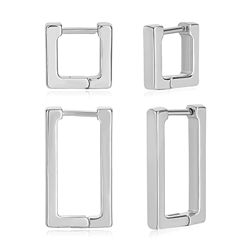 2 Pairs 14K Gold Plated Minimalist Hoop Earrings Small Dainty Geometric Square and Rectangle Huggies Hoops for Girls Women Gift, gold, silver and black - color: Silver