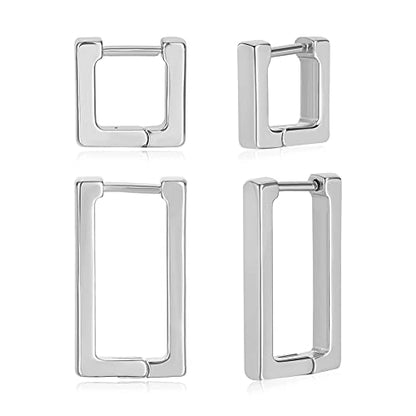 2 Pairs 14K Gold Plated Minimalist Hoop Earrings Small Dainty Geometric Square and Rectangle Huggies Hoops for Girls Women Gift, gold, silver and black - color: Silver