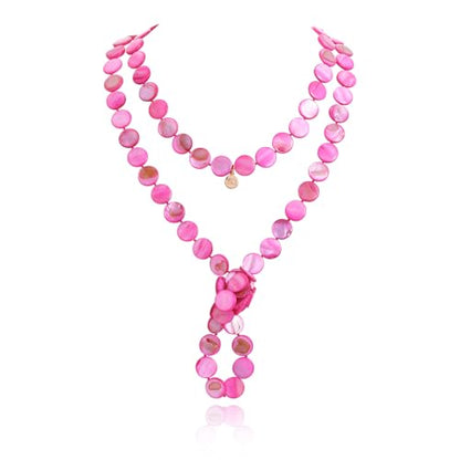 Firstmeet Flat Round Coin Shell Beads Long Knotted Necklace Natural Mother of Pearl Handmade Jewelry For Women - color: Rosered