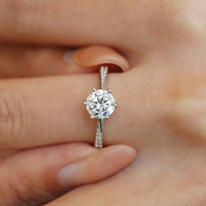 LUSHE Moissanite Engagement Ring 1-2CT D Color VVS1 Clarity 925 Sterling Silver with 18K White Gold Plated Solitaire Moissanite Wedding Promise Rings for Women - color: 003-1 Carat