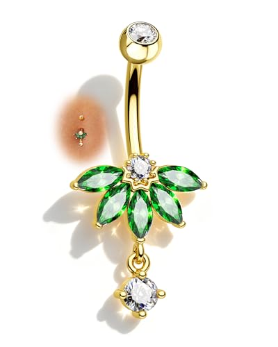 Lotus Belly Button Rings, 14G Dangle Belly Navel Rings for Women, Stainless Steel Belly Navel Piercing Jewelry - color: YGGR-10MM