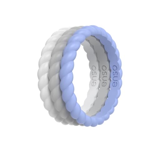 Enso Rings Stackable Braided Silicone Wedding Ring Bundles – Comfortable and Flexible Design - Multi-Packs - color: Misty Grey/Ocean Breeze/White, size: 5