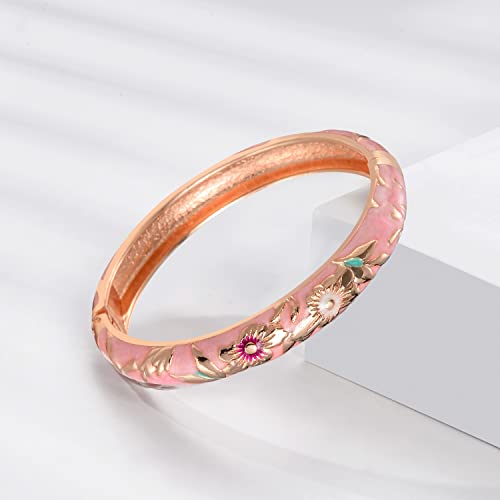 UJOY Cloisonne Bangle Colorful Enamel Filigree Rose Flower Hollowed Crystal Bracelet for Women Gifts 88A09 - color: C06-2 Pcs Set/Rose-Cream Pink