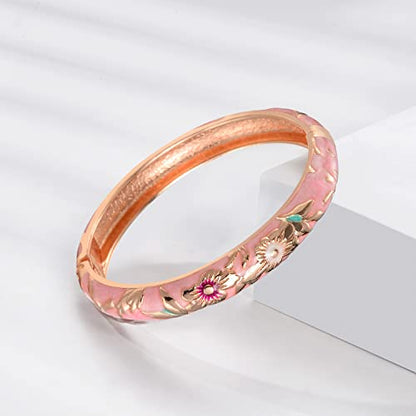 UJOY Cloisonne Bangle Colorful Enamel Filigree Rose Flower Hollowed Crystal Bracelet for Women Gifts 88A09 - color: C06-2 Pcs Set/Rose-Cream Pink