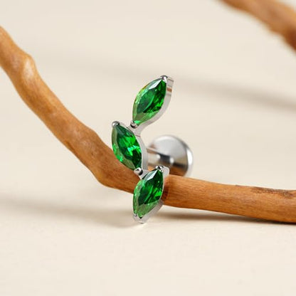 FINE4U 16G CZ Cluster Climber Cartilage Earring for Helix, Tragus - ASTM F136 Titanium Triple Marquise Labret Stud, Screw on Nickel Free Flat Back Jewelry - color: Triple Marquise - Green CZ - Tit