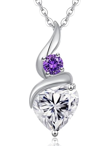 ANDSO Heart Moissanite Necklaces Birthday Jewelry Gifts for Women | S925 Silver /Gold Plating Birthstone Necklace, Ideal Anniversary Christmas Valentine Present for Mom Wife Her Girlfriend - style: Silver-2 Carat-Amethsy Purple