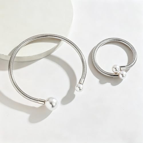 Round Teardrop Necklace Bracelet Ring Jewelry Set Gold Plated Chunky Statement Jewelry Set for Women Simple Elegant Jewelry - color: silverB