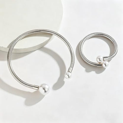 Round Teardrop Necklace Bracelet Ring Jewelry Set Gold Plated Chunky Statement Jewelry Set for Women Simple Elegant Jewelry - color: silverB