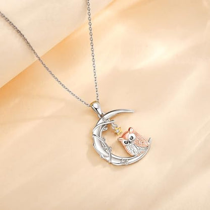YAFEINI Moon Animal Necklace S925 Sterling Silver Owl/Fox/Red Panda/Possum/Snake/Dachshund Pendant Necklace Animal Jewelry Gifts for Women Mom Wife - style: OWL