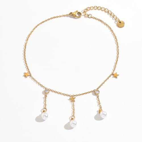 Gold Anklet for Women 18K Gold Plated Daisy Pearl CZ Foot Chain Star Flower Cross Ankle Bracelet Dainty Waterproof Beach foot jewelry for women sexy - color: Star Pearl CZ-Gold