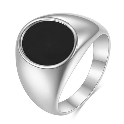MYNENEY Stainless Steel Round Statement Pinky Signet Rings for Men Women - color: Silver+Black