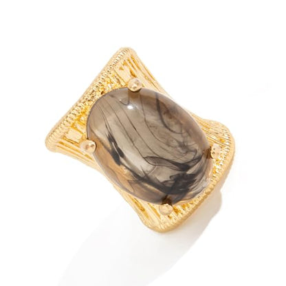 Geometric Open Ring, Adjustable Statement Rings with Non-Fading Hand-Marbled Resin Wide Band, Metallic Stripe Accent Finger - color: black gray