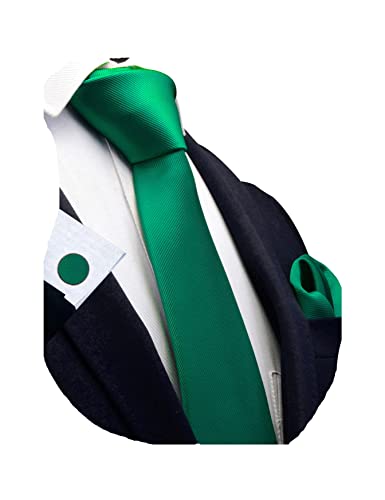 GUSLESON 3.15"（8cm） Solid Color Necktie and Pocket Square Cufflinks Sets For Men + Gift Box - color: Emerald Green