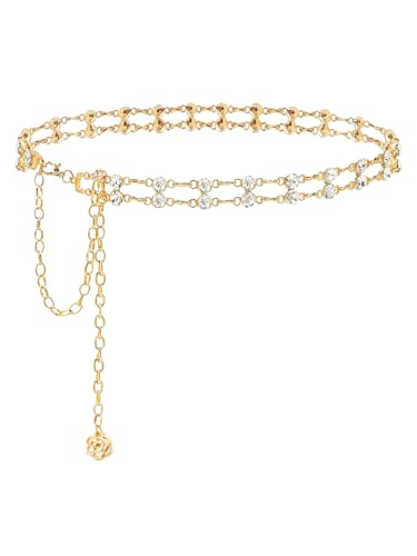 Women Rhinestone Crystal Waist Belts for Dress Adjustable Ladies Metal Chain Belts - size: 120CM/47.2IN, style: Gold-B