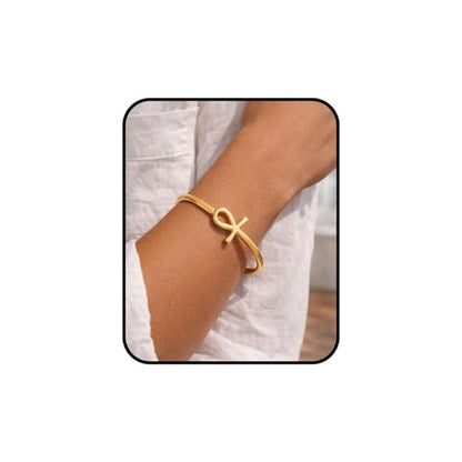 Gold Statement Cuff Bracelet Ankh Cross - Waterproof Stainless Steel Open Bangle Hypoallergenic Egyptian Key of Life Jewelry, Adjustable Protection Amulet for Women Men - color: Gold Minimalist Single Ankh