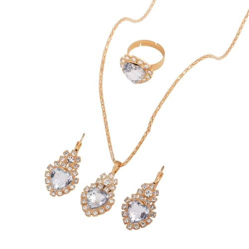 Teardrop/Heart Crystal Jewelry Set for Women, Gold Tone Rhinestone Necklace Earrings Ring Set, Wedding Bridal Prom Party Jewelry Gift - color: White (Heart