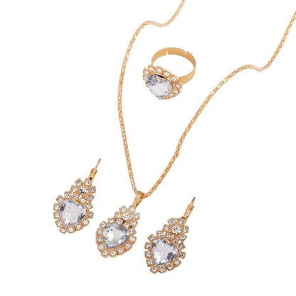 Teardrop/Heart Crystal Jewelry Set for Women, Gold Tone Rhinestone Necklace Earrings Ring Set, Wedding Bridal Prom Party Jewelry Gift - color: White (Heart