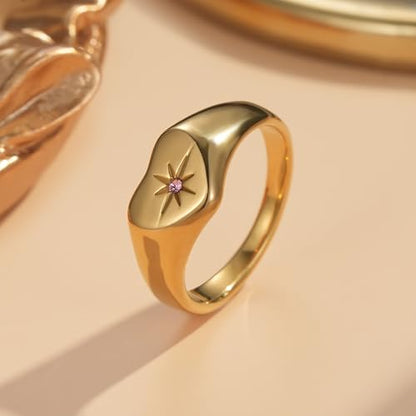YeGieonr Non Tarnish Gold Rings for Women, Waterproof Gold Signet Ring, 18K Gold Plated Stackable Rings for Everyday Wear - color: Heart Pink