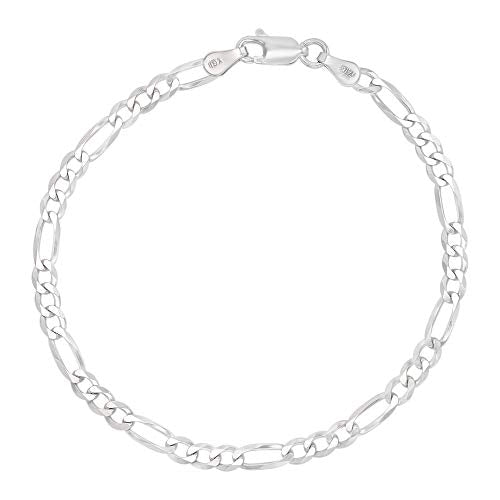 14K Gold or Rhodium Plated Silver Figaro Diamond Cut Pave Chain For Men | 1mm-13mm Thick | Solid 925 Figaro Italian Necklaces For Men - style: 4.00MM- White