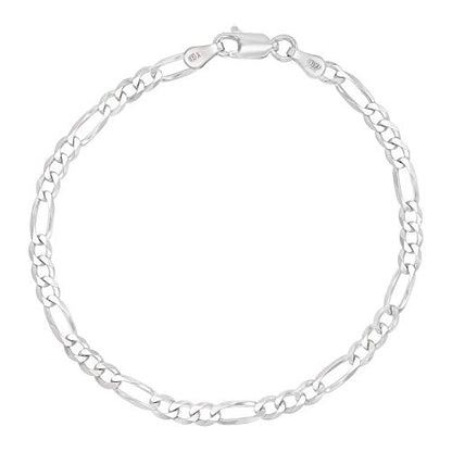 14K Gold or Rhodium Plated Silver Figaro Diamond Cut Pave Chain For Men | 1mm-13mm Thick | Solid 925 Figaro Italian Necklaces For Men - style: 4.00MM- White