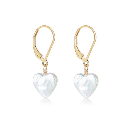 LILY LUSTRE 14k Gold Plated/Filled 925 Sterling Silver Handpicked AAAA Quality Natural White Freshwater Cultured Heart Shaped Pearl Huggie Hoop/Leverback Drop Dangle Earrings for Women - color: Gold Lever Back