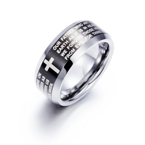 Fashion Month Mens 8mm Black Silver Tungsten Carbide Ring English Bible The Lords Prayer Cross Two-Tone Band for Him