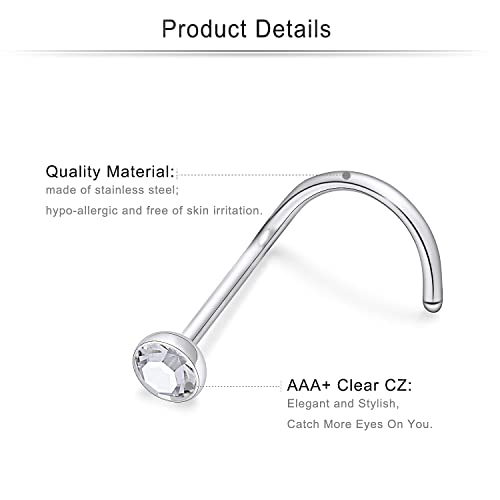 Cisyozi 18G 20G 22G Nose Rings Studs Surgical Steel Nose Stud Set 1.5mm 2mm 2.5mm 3mm Diamond Cubic Zirconia Opal Screw L Shaped Straight Nose Piercing Jewelry for Women Men - color: C:20G-Screw -2mm