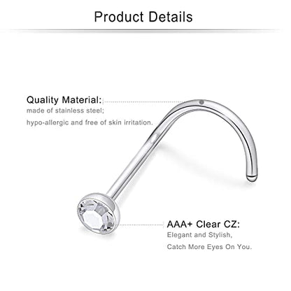 Cisyozi 18G 20G 22G Nose Rings Studs Surgical Steel Nose Stud Set 1.5mm 2mm 2.5mm 3mm Diamond Cubic Zirconia Opal Screw L Shaped Straight Nose Piercing Jewelry for Women Men - color: B:18G-Screw -2.5mm