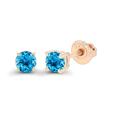 14K Gold Plated 925 Sterling Silver Hypoallergenic 4mm Round Genuine Birthstone Solitaire Screwback Stud Earrings - color: Blue Topaz-Swiss Blue Topaz