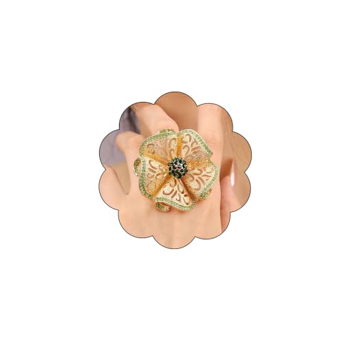 Elegant Big Crystal Flower Ring for Women Gold Rhinestone Floral Rings Open Finger Adjustable Crystal Flower Statement Ring Jewelry for Bridal Wedding - color: Flower 1 - green