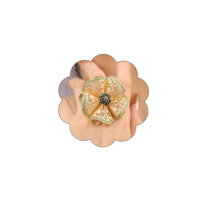 Elegant Big Crystal Flower Ring for Women Gold Rhinestone Floral Rings Open Finger Adjustable Crystal Flower Statement Ring Jewelry for Bridal Wedding - color: Flower 1 - green