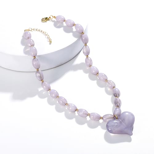 Chunky Beaded Necklaces for Women Trendy Colorful Acrylic Bead Statement Necklace Puffy Heart Pendent Necklaces for Women Boho Fashion Jewelry - color: E-light grey