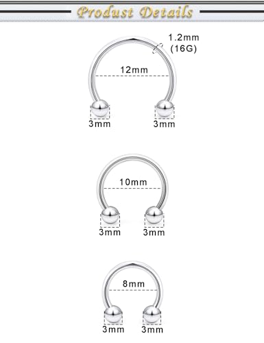 6PCS Septum Rings 18G Stainless Steel Nose Septum Ring Horseshoe Earring Eyebrow Lip Smiley Piercing Jewelry for Women Men Inner Diameter 8mm/10mm/12mm - color: silvertone,ball closure