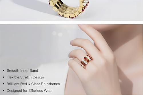 Sparkling Rhinestone Ring Set Trendy Elastic Rhinestone Crystal Stretch Ring Stackable Jewelry for Women Girls - color: 3 Rows Ring-Golden+White+Bright Red