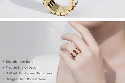 Sparkling Rhinestone Ring Set Trendy Elastic Rhinestone Crystal Stretch Ring Stackable Jewelry for Women Girls - color: 3 Rows Ring-Golden+White+Bright Red