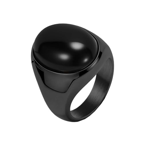 PAURO Men's Stainless Steel Oval Gemstone Signet Rings Minimalist Polish Plain Wedding Band - color: Black Plated Black