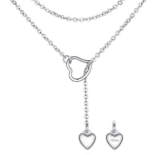 FOCALOOK Heart Lariat Necklaces for Women, Long Slip Chain Necklace | Hypoallergenic 316L Stainless Steel Silver/Black/Gold Plated, Front Slider Closure, Non Tarnish, Layered look, Everyday Wear - color: 05:SIlver Heart-Custom