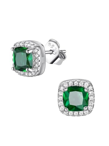 FindChic Birthstone Earrings for Women, Round/Heart/Square/Teardrop Earrings with 925 Sterling Silver Posts & Push Backs, Hypoallergenic Studs with Cubic Zirconia, 12 Months Jewelry with Gift Box - style: 05. May-Emerald (Square)