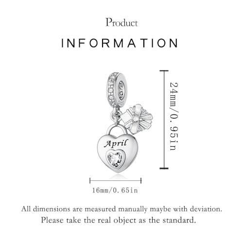925 Sterling Silver Birthstone Bracelet Charm - Unique Heart Shaped Design, Fits most Europe Pandora Bracelets and Necklaces, women's DIY holiday Gifts - style: D-April