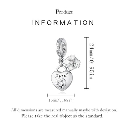 925 Sterling Silver Birthstone Bracelet Charm - Unique Heart Shaped Design, Fits most Europe Pandora Bracelets and Necklaces, women's DIY holiday Gifts - style: D-April